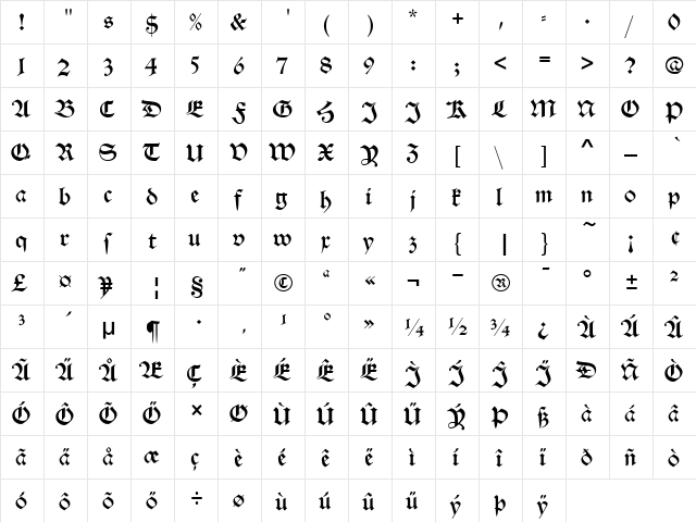 Alte Schwabacher D Regular  glyph index