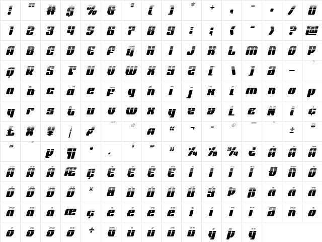 Quasar Pacer Halftone Italic Italic  glyph index