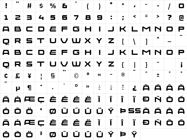 Injekuta Bold  glyph index