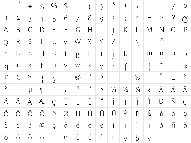 Sari Light  glyph index