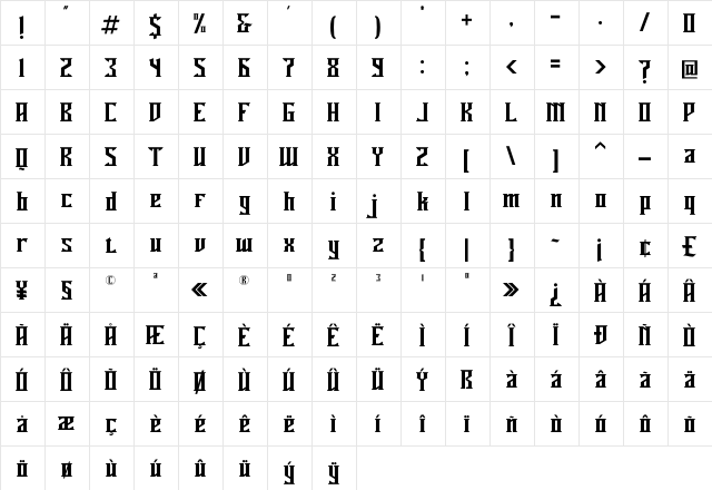 Miles Hunt Clean Regular  glyph index