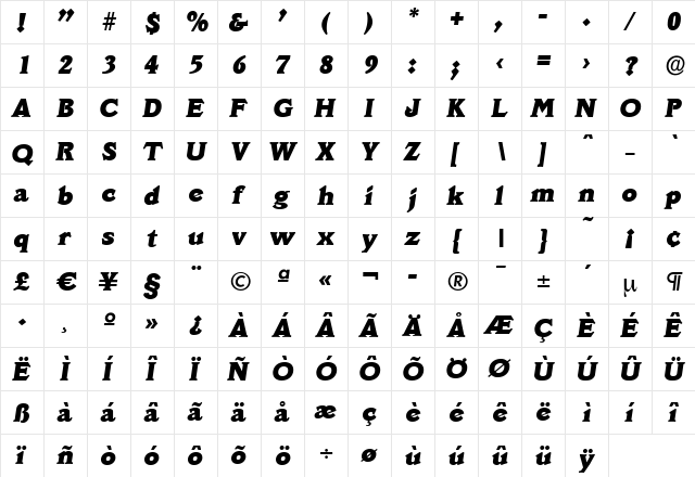 LeroyBecker-Heavy Italic  glyph index