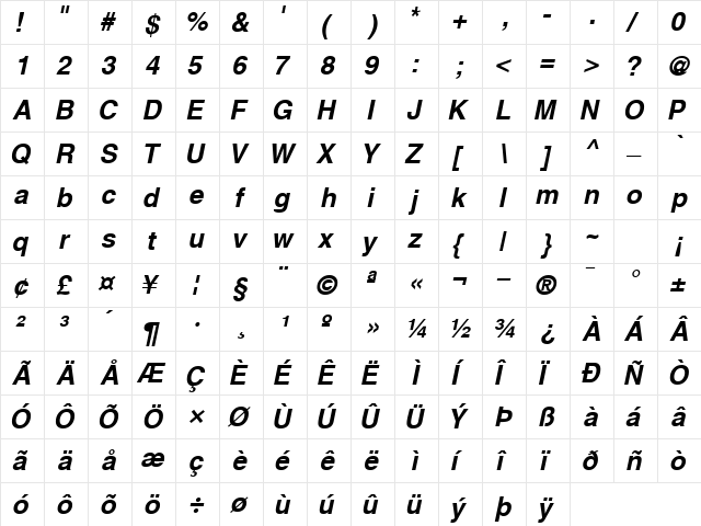 ContextSSK BoldItalic  glyph index