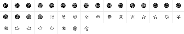 Zodiac Regular  glyph index