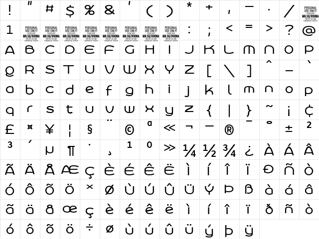 Roona Sans Medium PERSONAL Regular  glyph index
