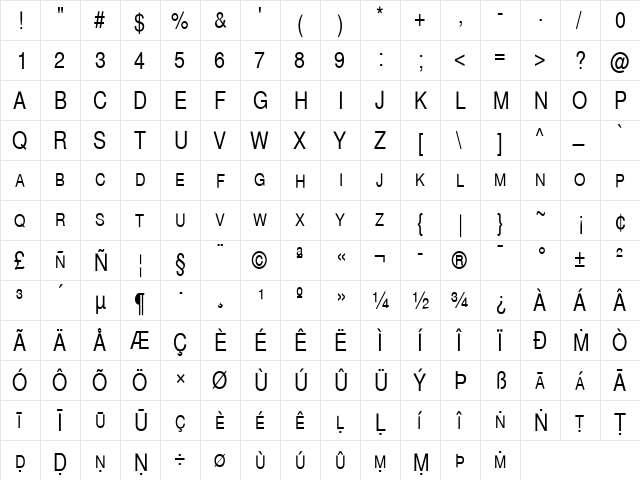 Pali Helvetica SmCps Cond Regular  glyph index