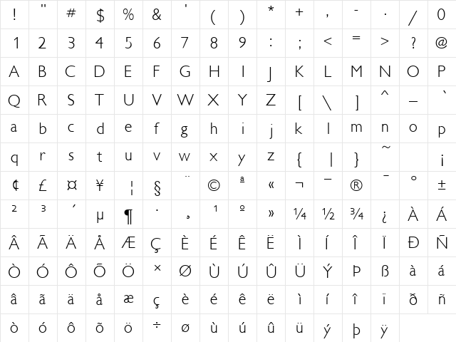 IdiomLightSSK Regular  glyph index