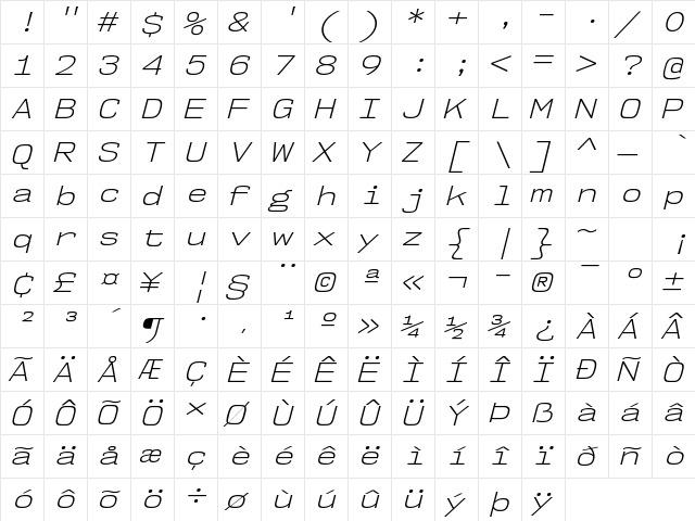 NK57 Monospace Semi-Expanded Light Italic  glyph index