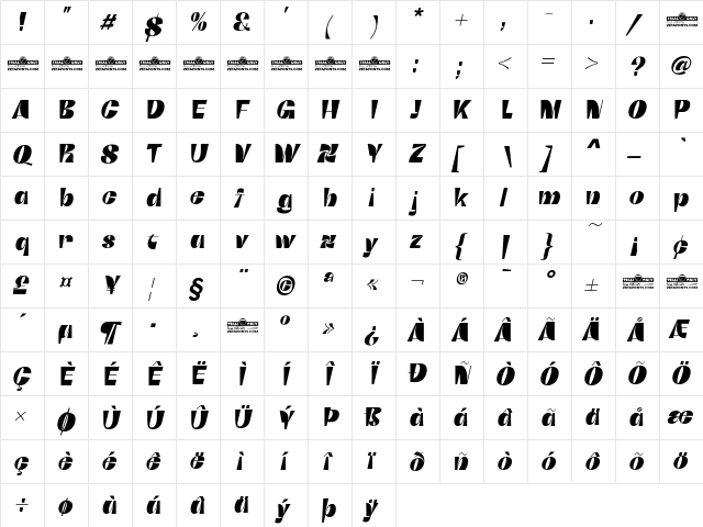 Boring Sans C Trial Heavy Italic  glyph index