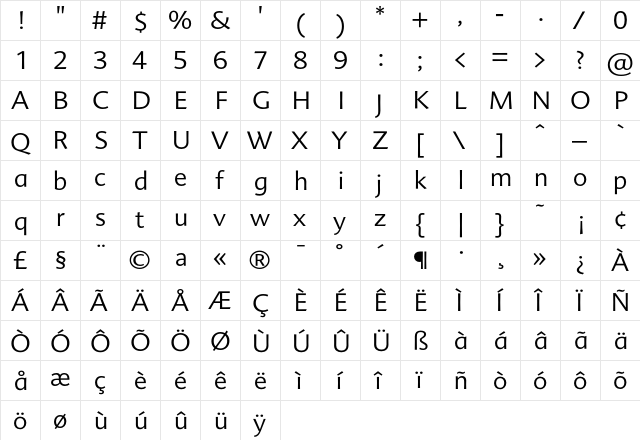 Advert Light Regular  glyph index