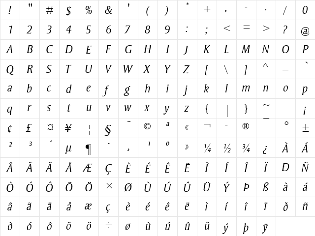 Strayhorn MT Light Italic  glyph index