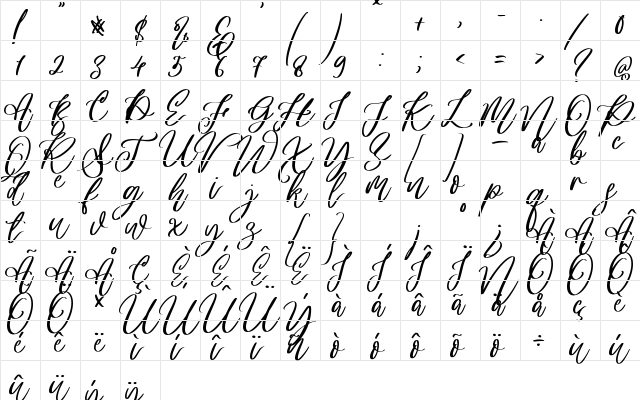 Angella Gardness Regular  glyph index