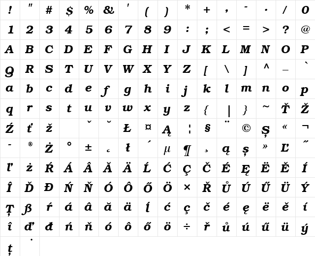 Bookman CE Demi Italic  glyph index