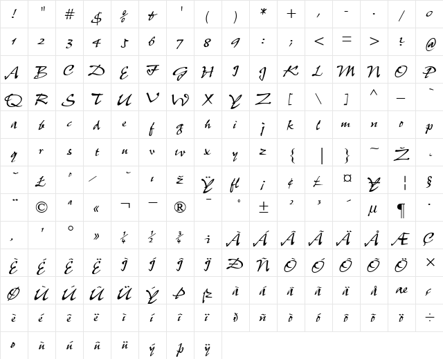 Pepita Regular  glyph index