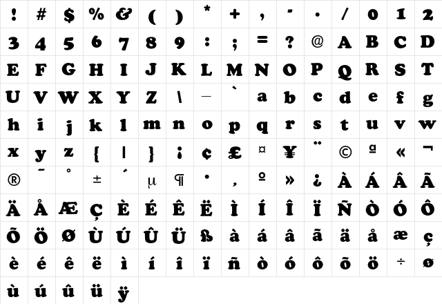 CooperBlack Regular  glyph index