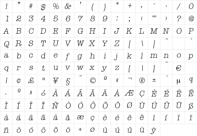 Typewriter-LightIta Regular  glyph index