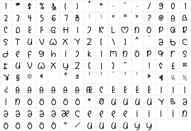 Baby Bunny Regular  glyph index