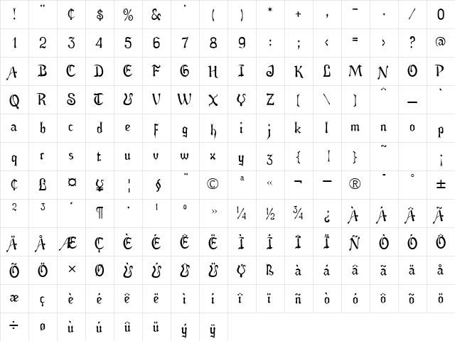Auldroon Regular  glyph index