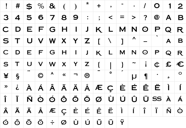 Copperplate Classic Sans Regular  glyph index