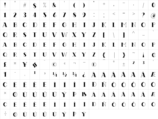 Codian October Eight Regular  glyph index