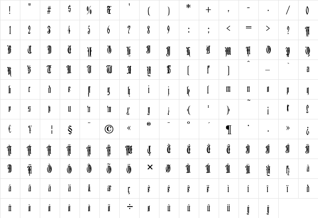 DuererGotisch Regular  glyph index