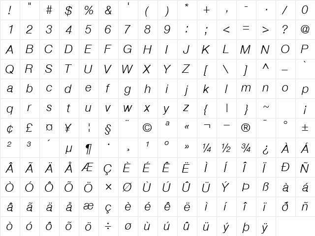 ContextRepriseLightSSK Bold Italic  glyph index