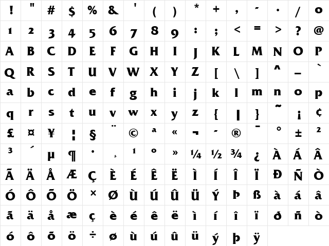 Friz Quadrata Bold  glyph index