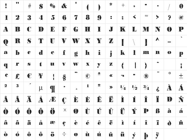 BodoniGlass2 Regular  glyph index