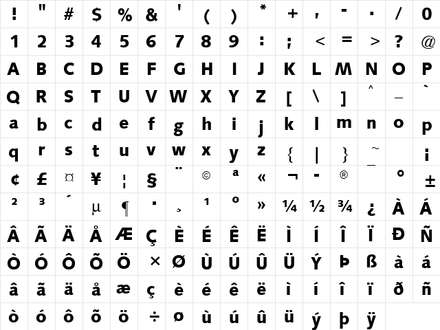 Symphony Black Regular  glyph index