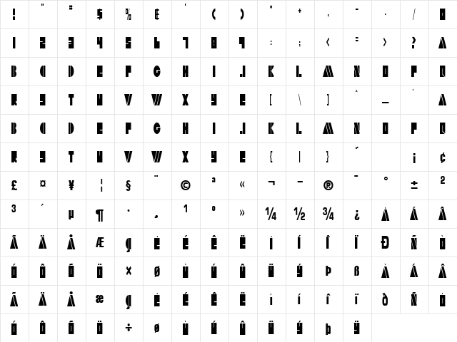 Arty Regular  glyph index