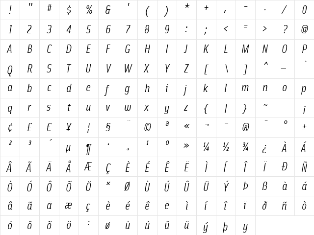 SolexRegularLiningItalic Regular  glyph index