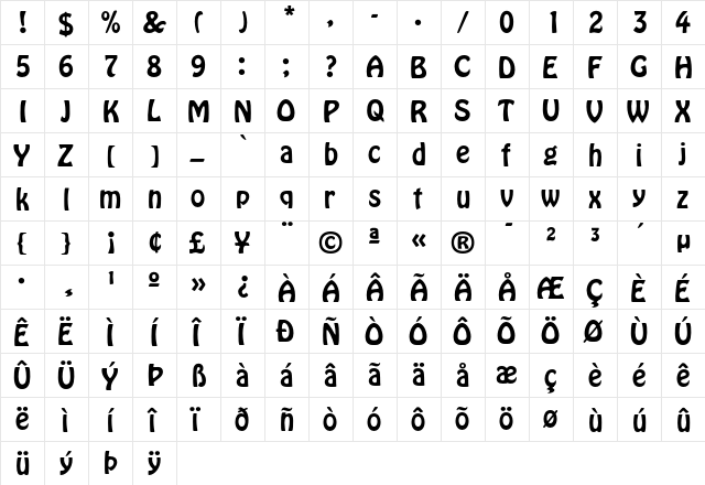 Hobo Regular  glyph index