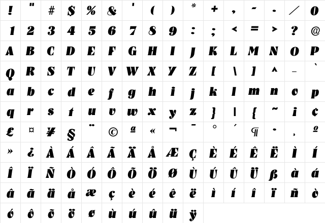Inashville Heavy  glyph index