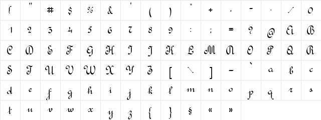 Rondo Calligraphic Regular  glyph index
