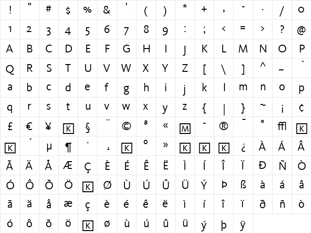 Kievit Regular  glyph index