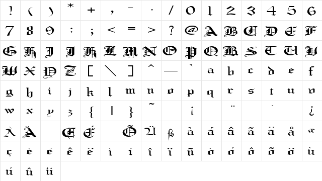 CrusaderGothicExtended Regular  glyph index