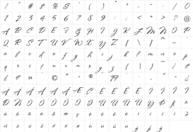 Stephanie Marie JF Regular  glyph index