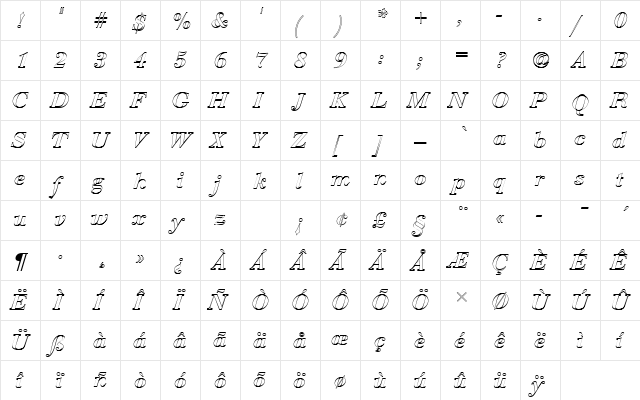 BauerBodDDemBolItaOu1 Regular  glyph index
