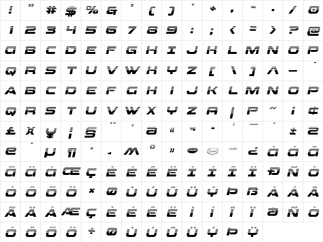 Beam Weapon Halftone Italic Italic  glyph index