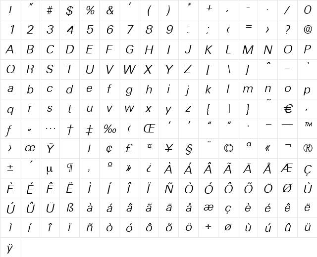 Ultimate-LightIta Regular  glyph index