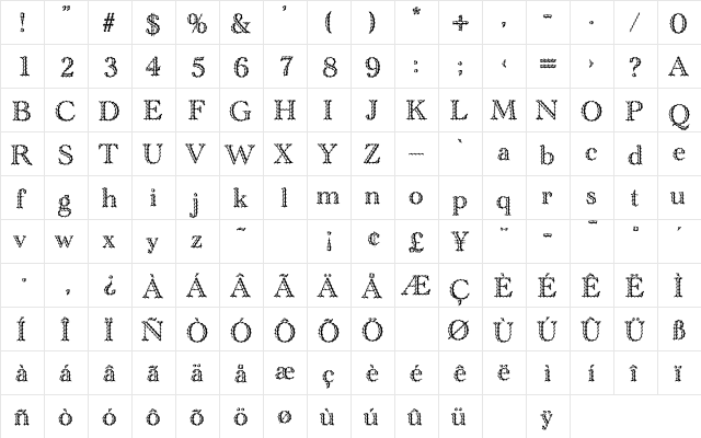 Rivets SF Regular  glyph index