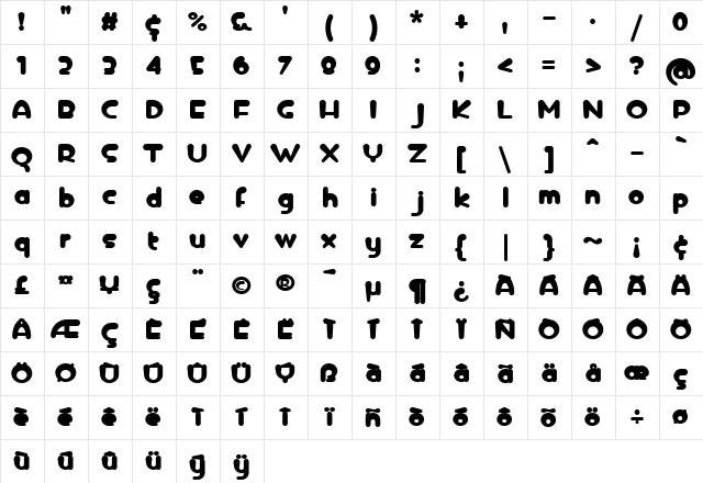 iCE DROP Bold  glyph index