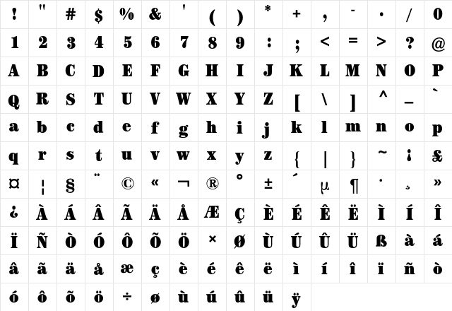 Century ITC BQ Regular  glyph index