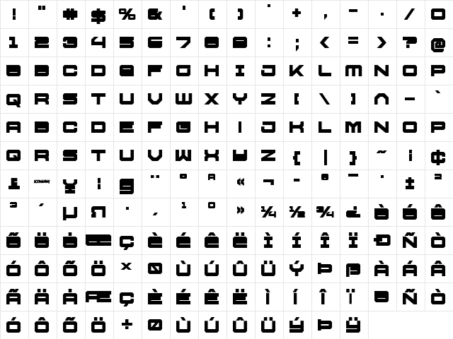 U.S.S. Dallas Bold Bold  glyph index