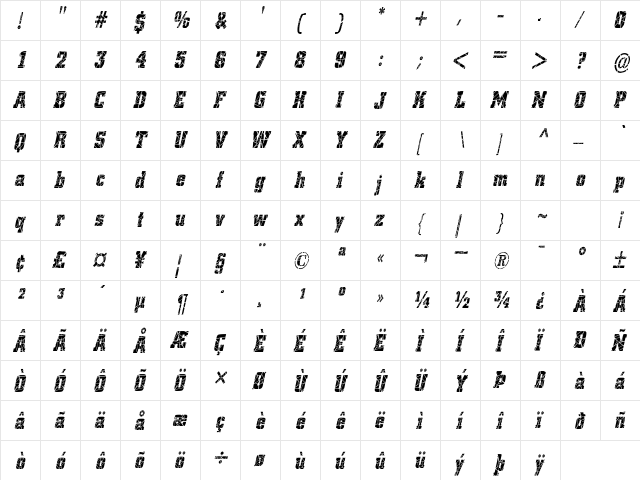Borghs Cracked-Condensed Italic  glyph index