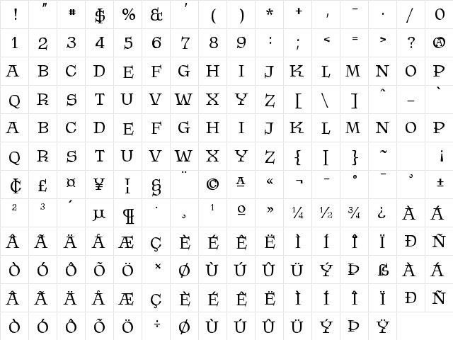 Krasomila Regular  glyph index