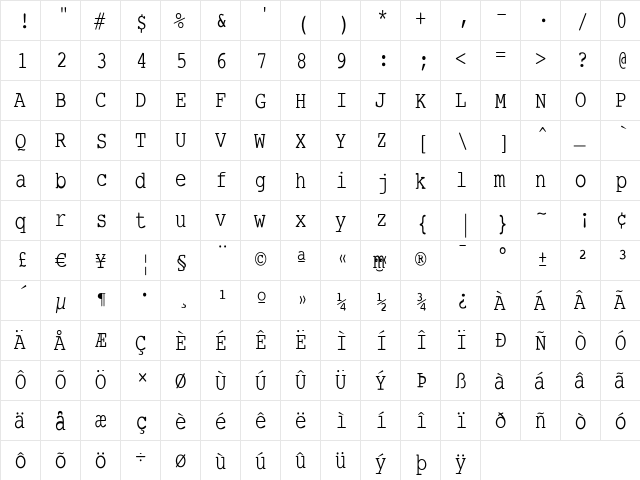 SmallTypeWriting Regular  glyph index