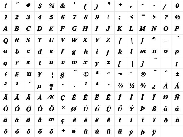 CheltenhamLH Bold Italic  glyph index