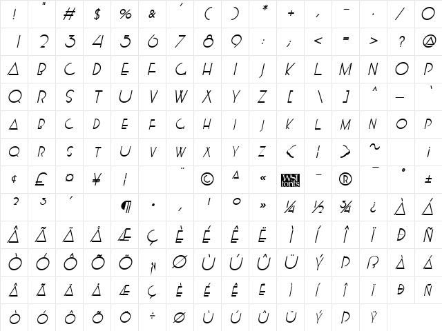 Kensington Italic  glyph index