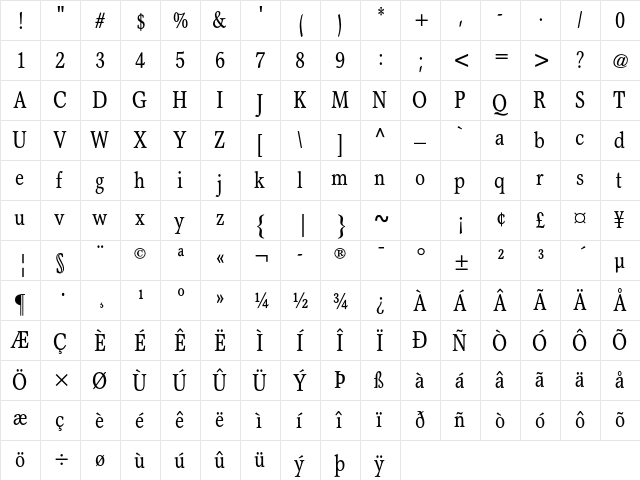 Garth Graphic Std Condensed  glyph index